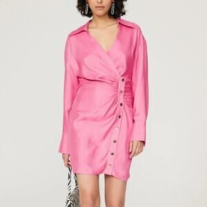 Sandro Elvira Dress Linen Blend Draped Slub Woven Mini Shirtdress Pink 42 US 10